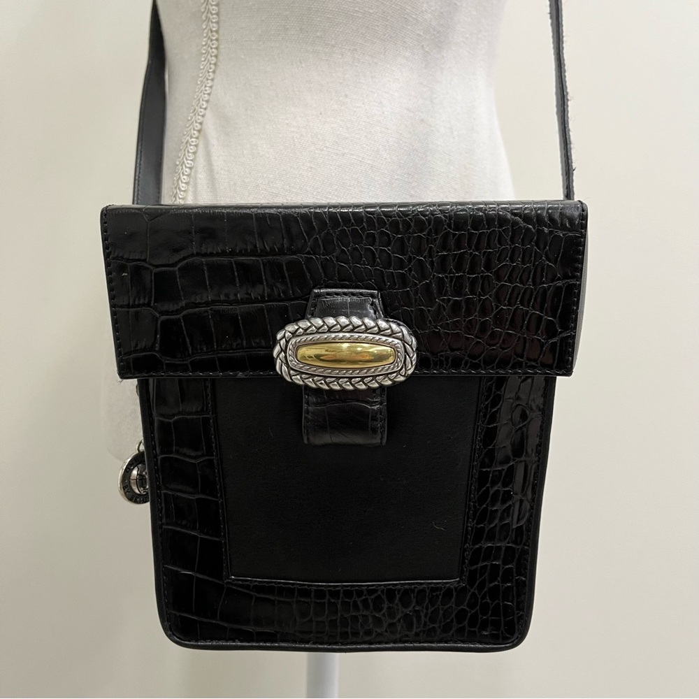 Vintage Brighton “One World” Crossbody Bag Black Croc Embossed Leather